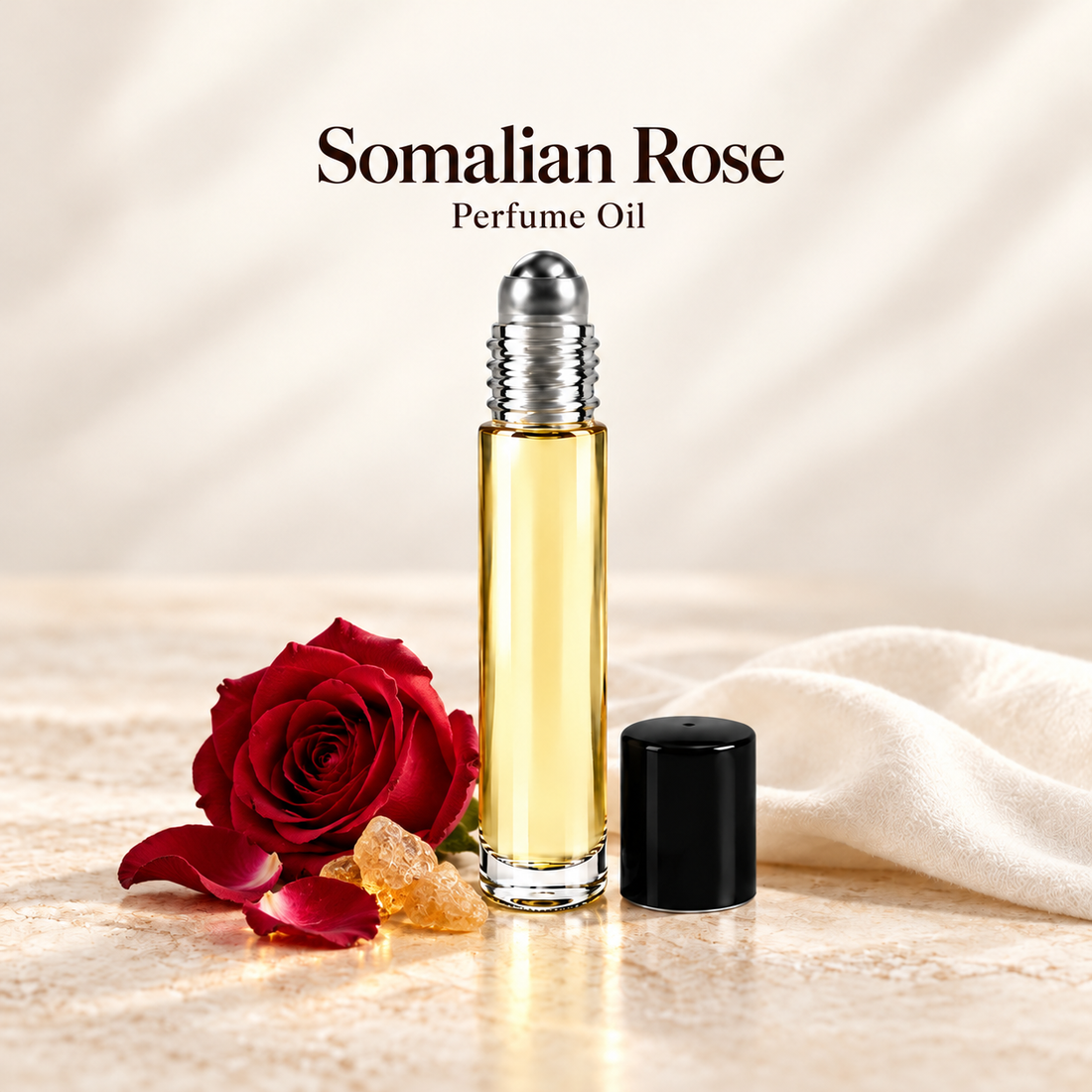 Somalian Rose Perfume Oil with simple scent note accents on soft ivory