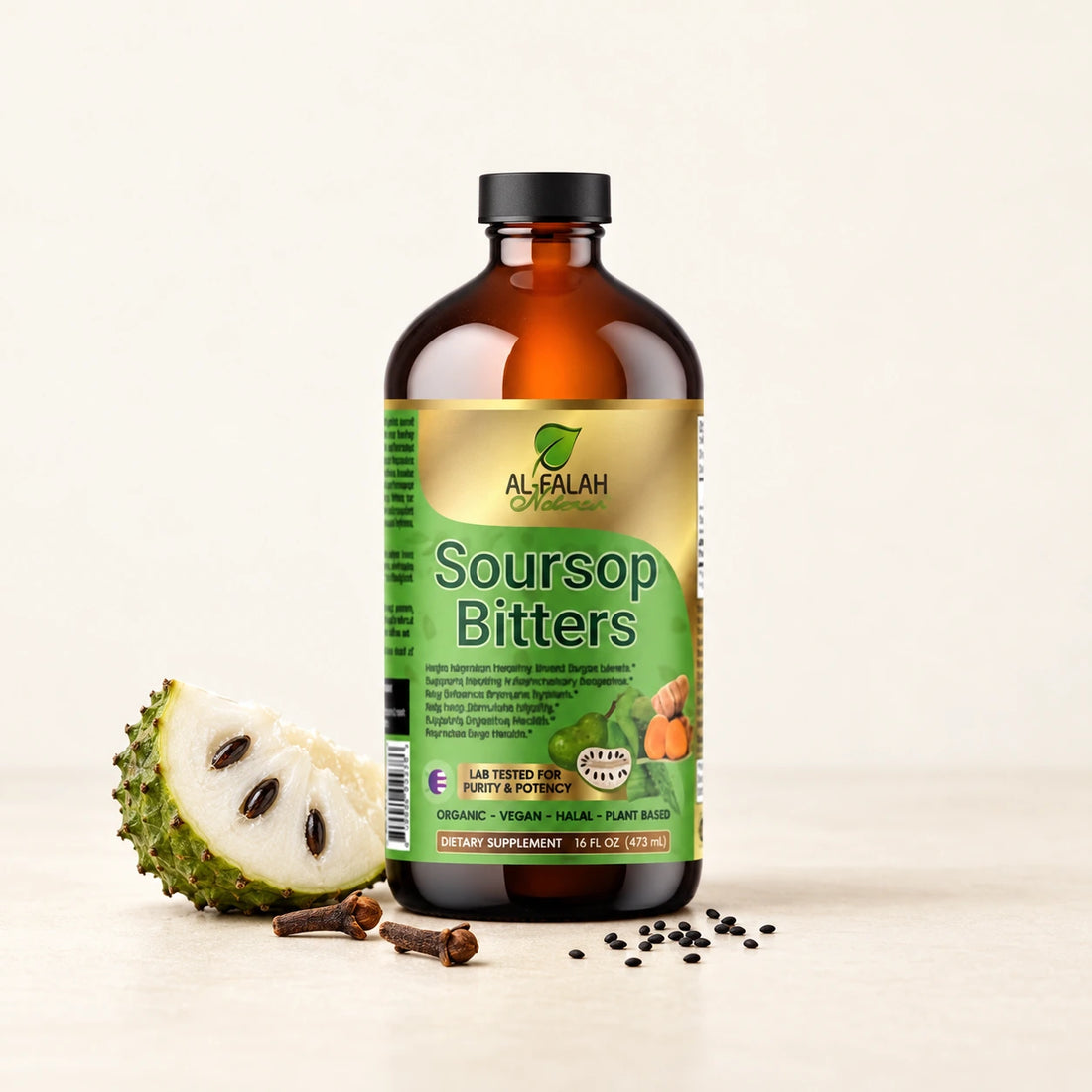 Al-Falah Soursop Bitters 16 fl oz bottle with soursop, cloves and black seeds on an ivory surface.