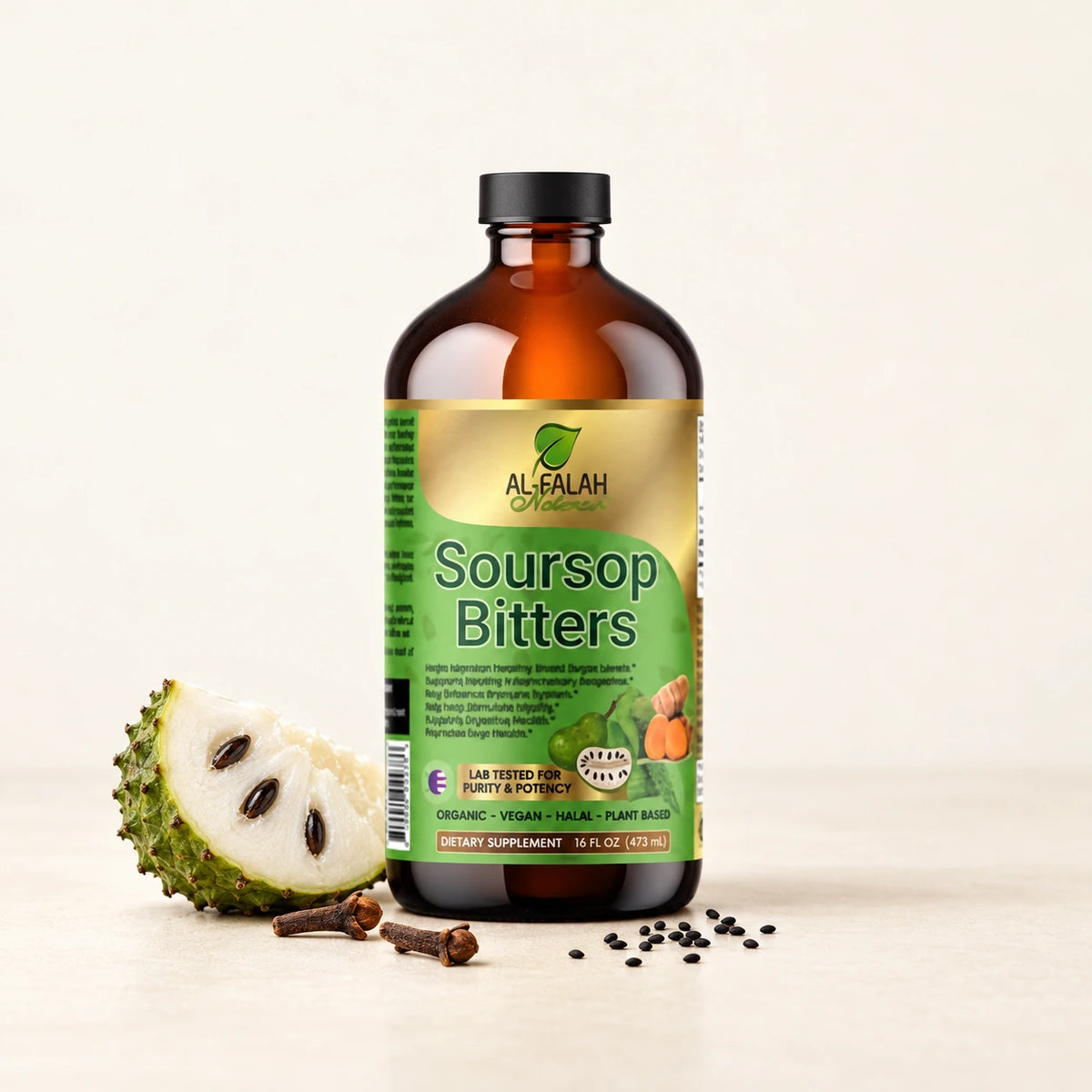 Al-Falah Soursop Bitters 16 fl oz bottle with soursop, cloves and black seeds on an ivory surface.