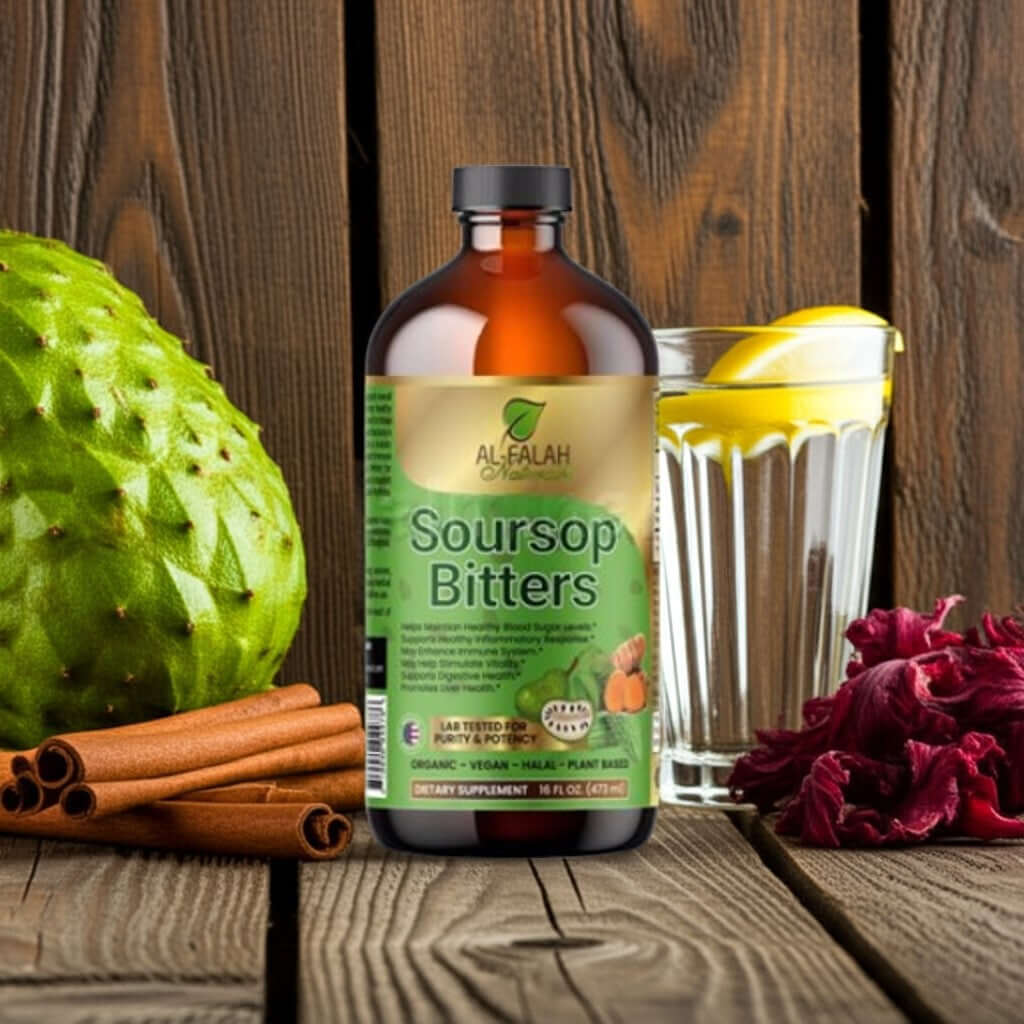 Bottle of Al Falah Soursop Bitters with soursop fruit, cinnamon sticks, and a glass of lemonade on a wooden surface.