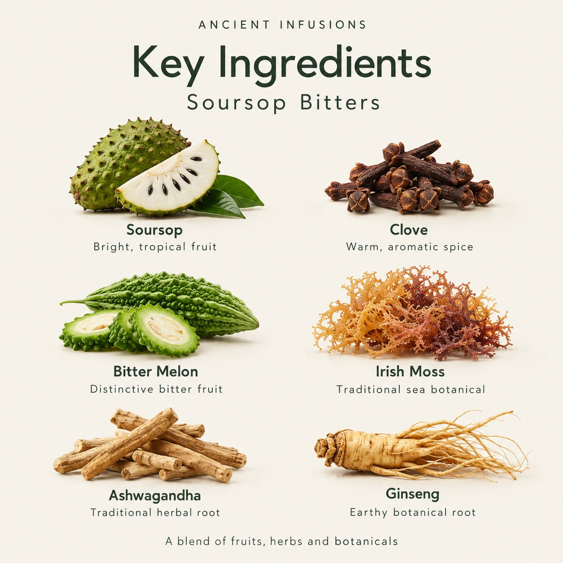 Al-Falah Soursop Bitters 16 fl oz bottle with soursop, cloves and black seeds on an ivory surface.