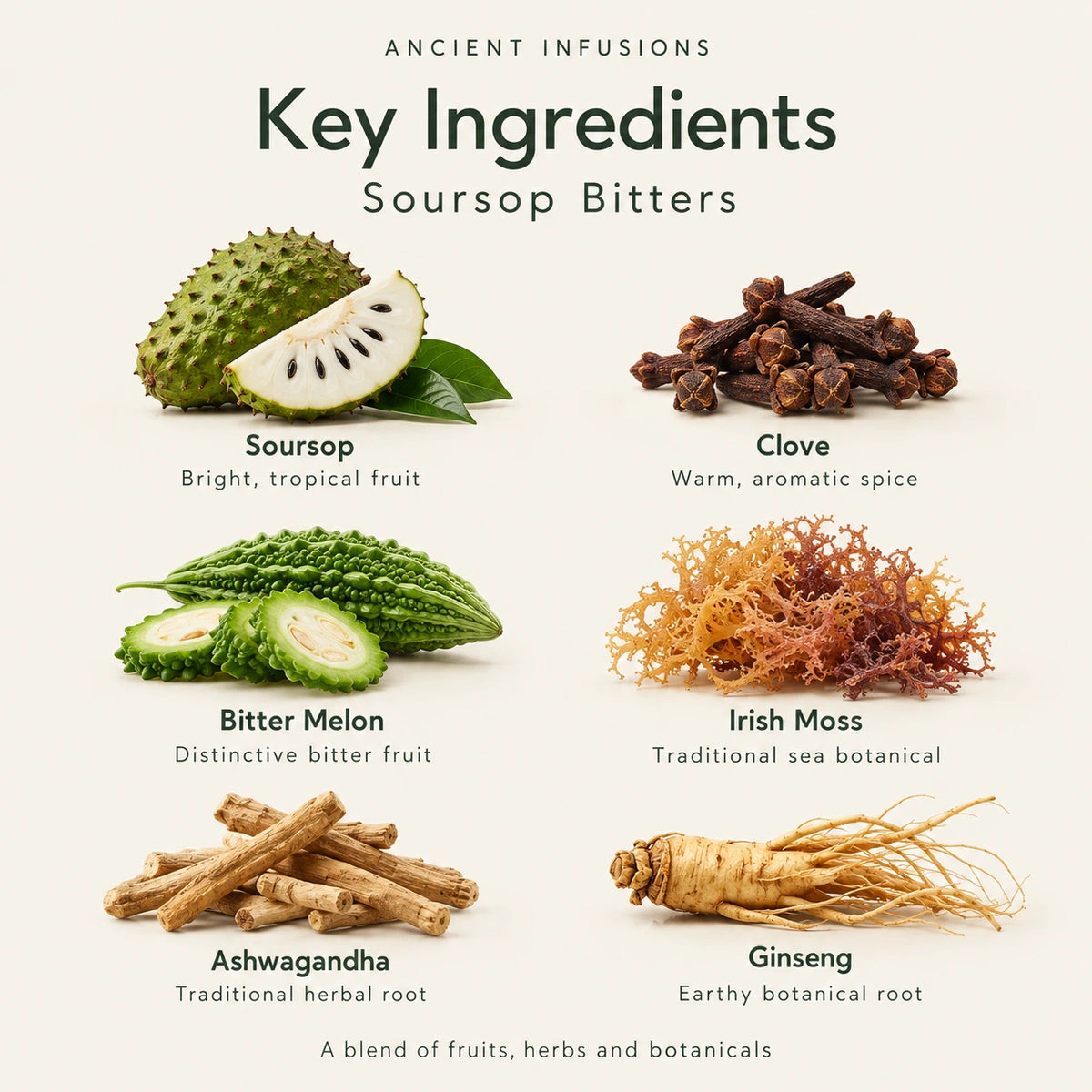 Soursop Bitters key ingredients: soursop, clove, bitter melon, Irish moss, ashwagandha and ginseng.
