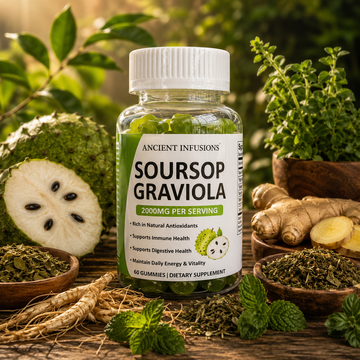 A bottle of Ancient Infusions Soursop Graviola dietary supplement, surrounded by fresh and dried ingredients including a sliced soursop fruit, ginger root, mint leaves, and herbal powder on a rustic wooden surface.