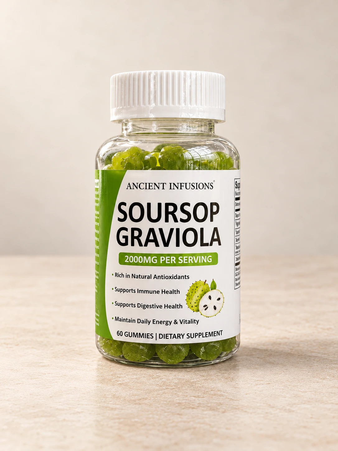 Soursop Graviola Gummies 2000mg 60 Count product packaging on a warm ivory background