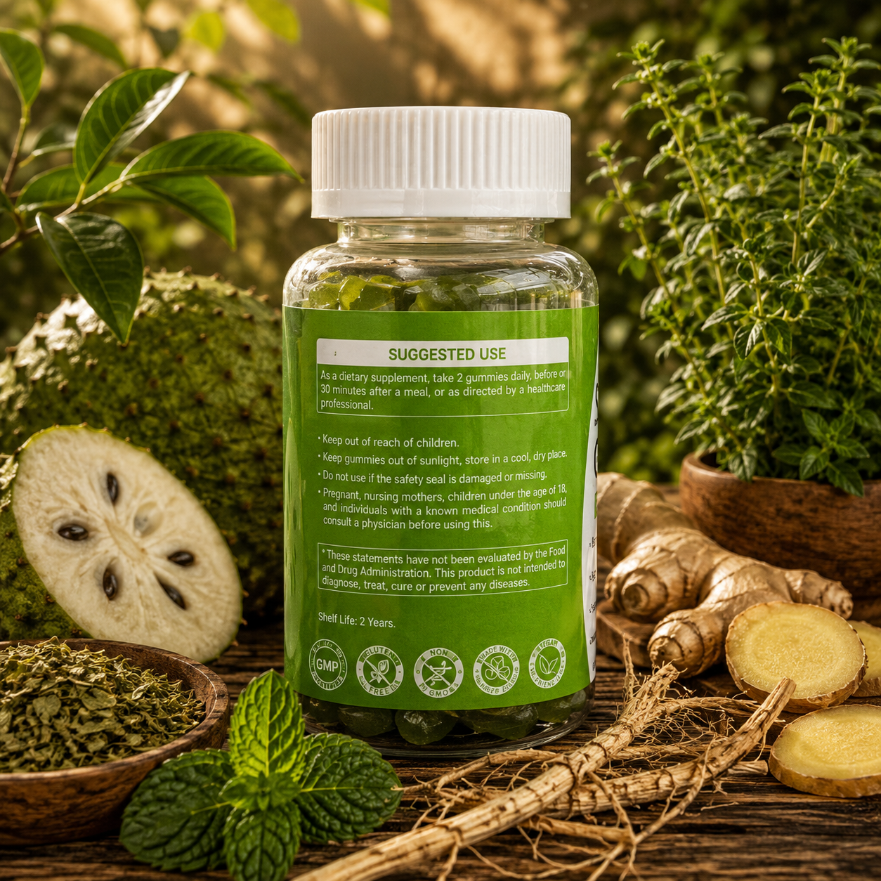 A clear supplement bottle with a white cap and a green label reading 'SUGGESTED USE' and 'Net Life: 2 Years,' styled on a rustic wooden surface with herbs, ginger roots, mint leaves, and dried botanicals.