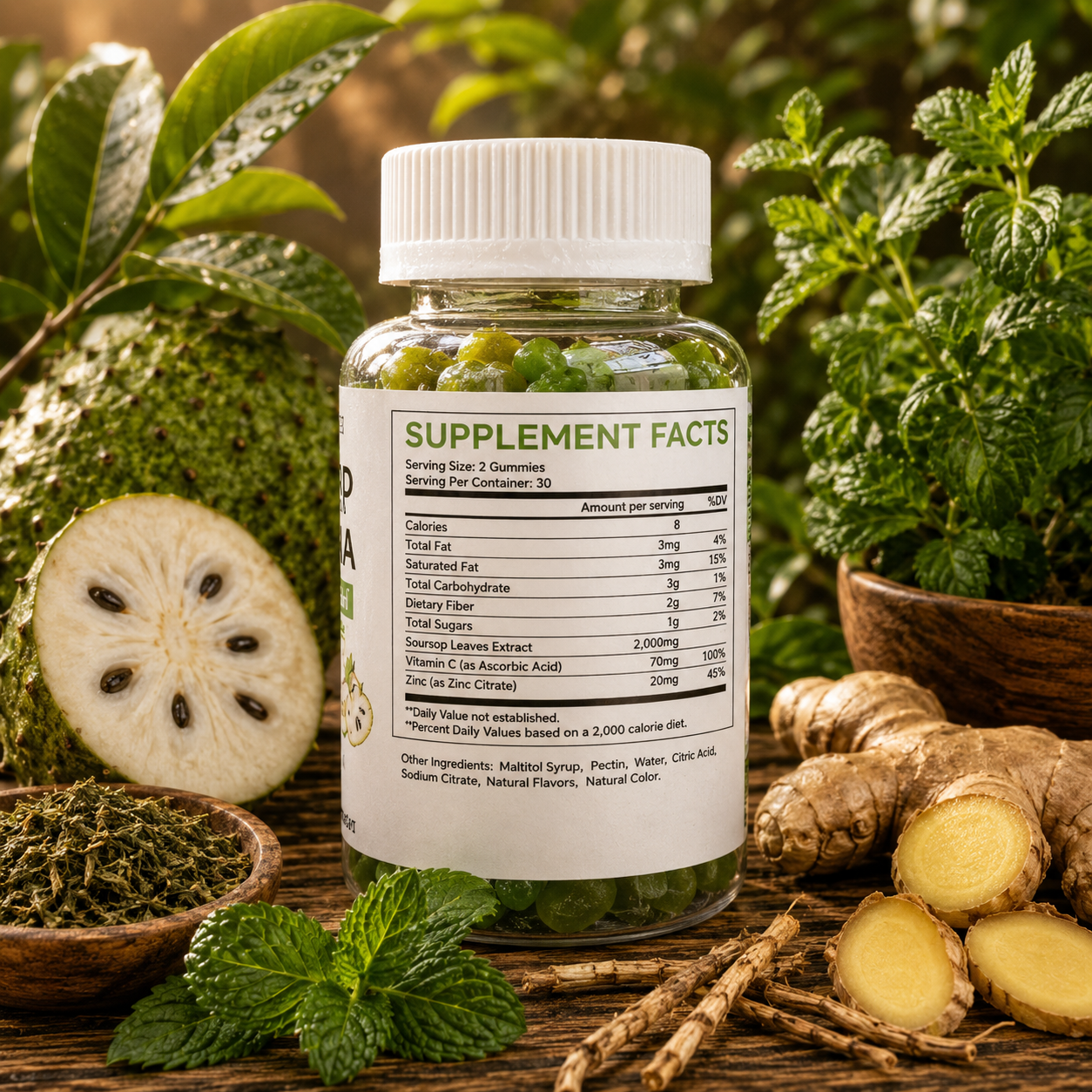 A white plastic bottle of herbal supplement facts, surrounded by fresh ingredients including mint leaves, ginger root, and a sliced persimmon, on a rustic wooden surface.