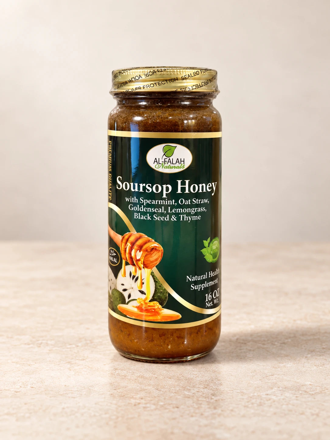 Soursop Honey 16 oz. product packaging on a warm ivory background