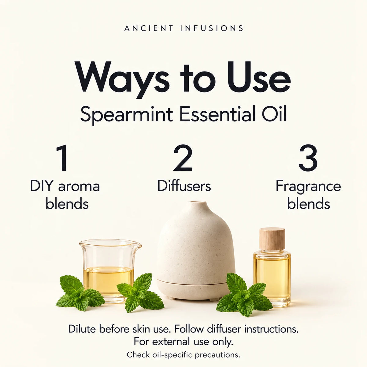 Spearmint Essential Oil uses: DIY aroma blends, diffusers and fragrance blends. Dilute before skin use; follow diffuser instructions; check oil-specific precautions.