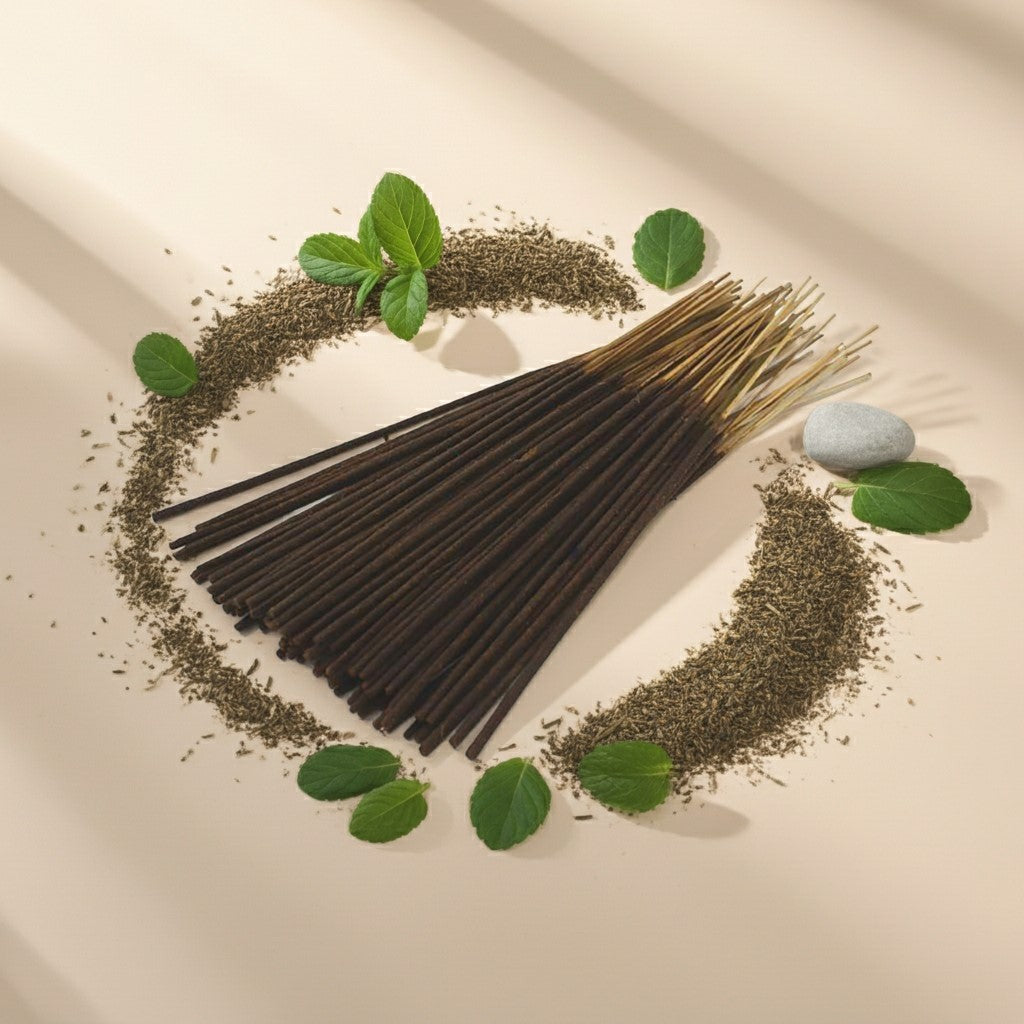 Spearmint Incense Sticks in the middle of a light colored background with leaves and herbs around them
