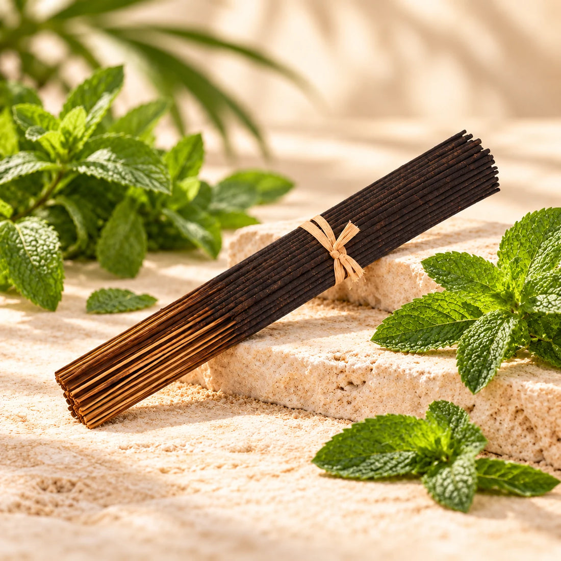 Spearmint Incense Sticks with fresh spearmint leaves.