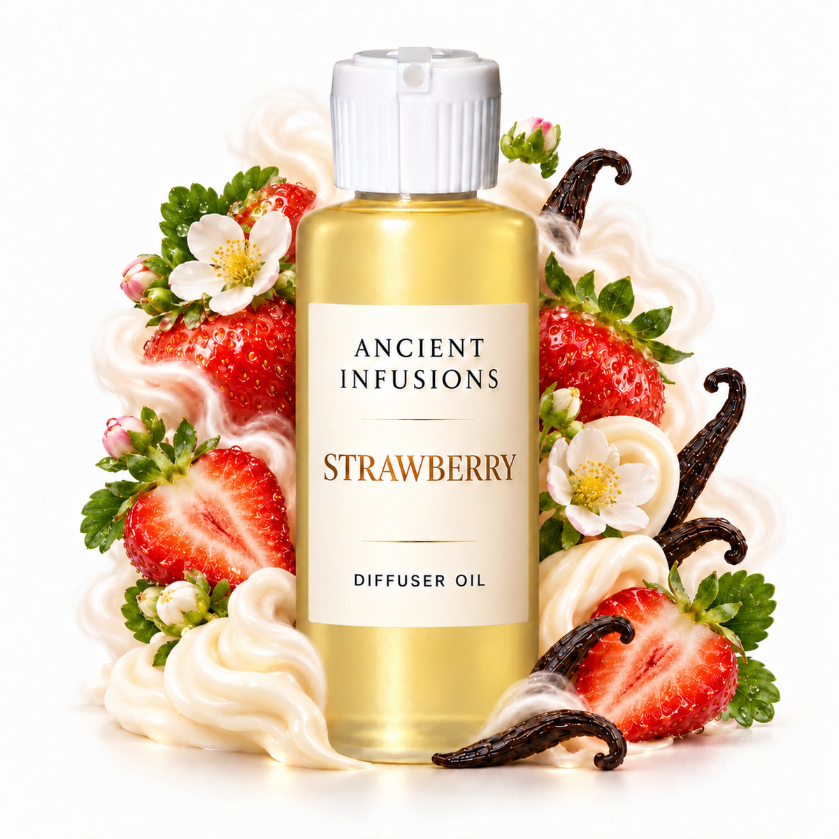 Strawberry Diffuser Oil by Ancient Infusions with golden oil, white cap and matching scent artwork