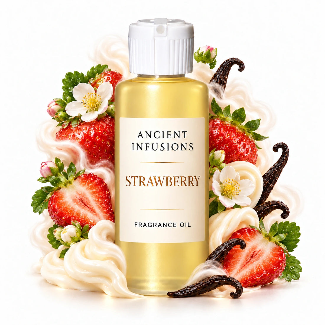 Strawberry fragrance oil by Ancient Infusions, with pale yellow oil and a tight halo representing fresh strawberry, strawberry blossom, vanilla cream.