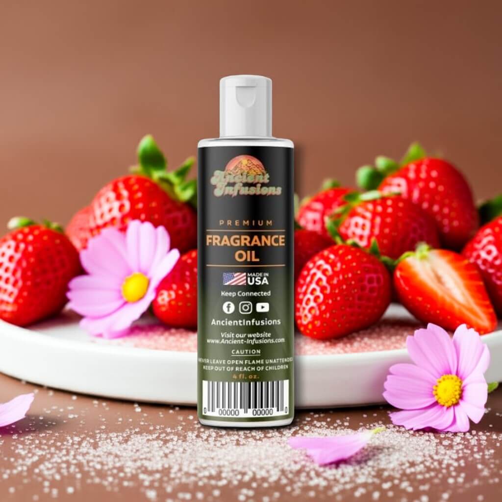 Strawberry Fragrance Oil bottle surrounded by fresh strawberries and flowers, highlighting its sweet, juicy scent.