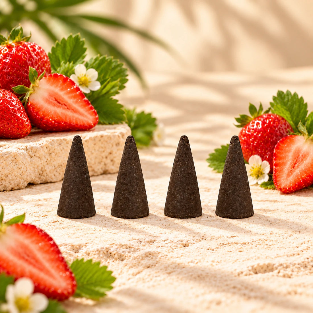 Strawberry Incense Cones with ripe strawberries.