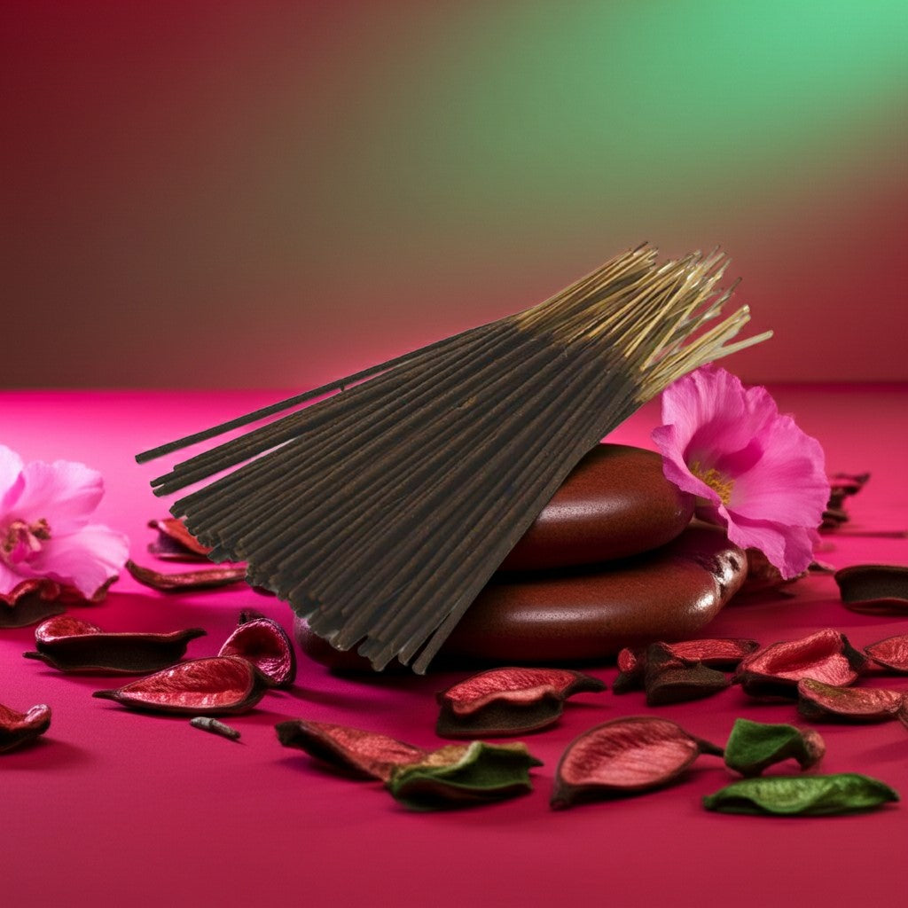 Strawberry Incense Sticks on top of red rocks with pink flowers and petals around them
