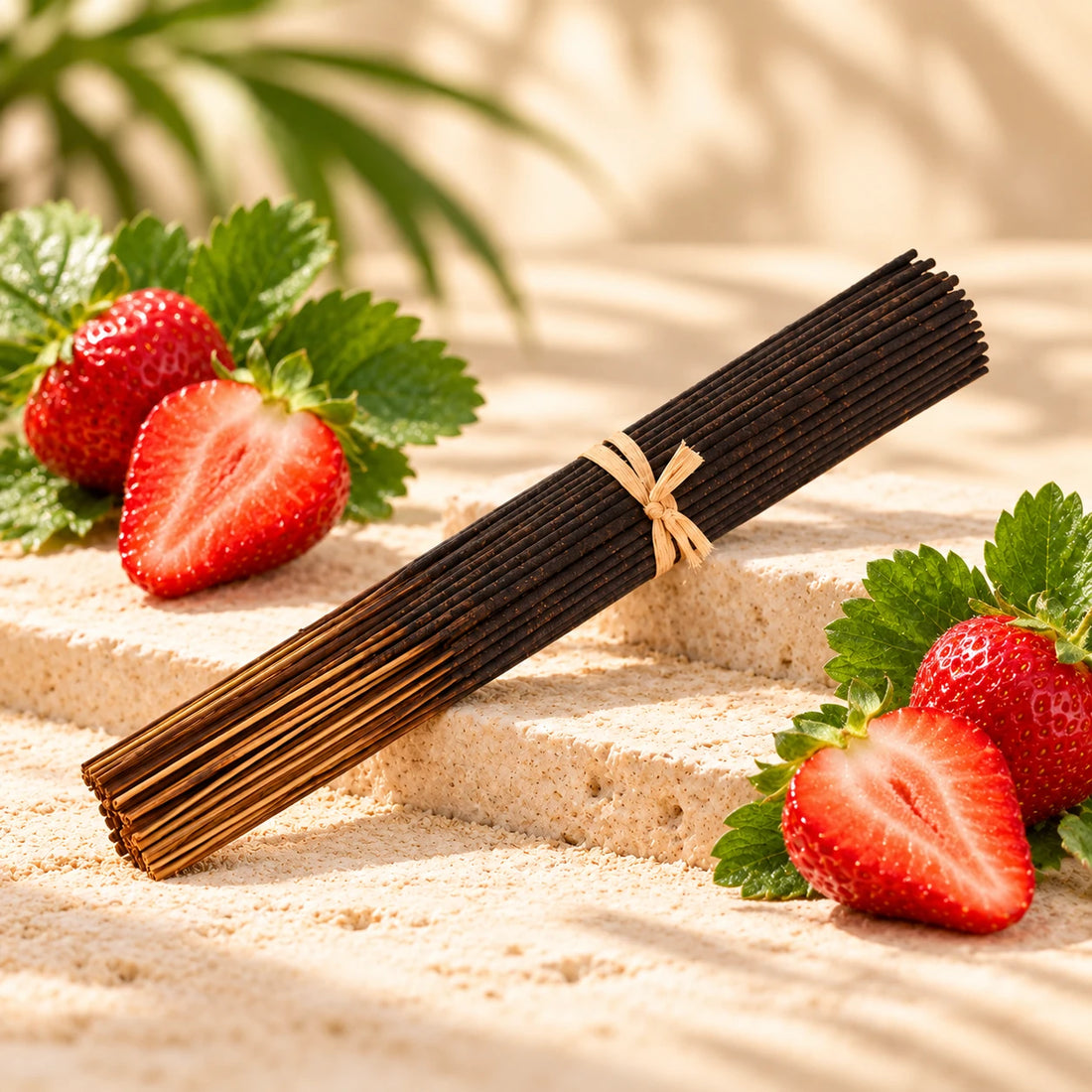 Strawberry Incense Sticks with ripe strawberries.