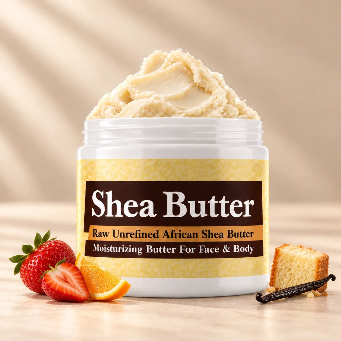 Strawberry Pound Cake Shea Butter in an open white jar with textured ivory shea butter and subtle scent accents on a soft cream background.
