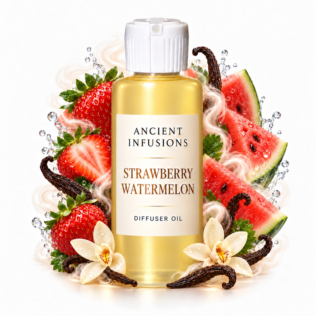 Strawberry Watermelon Diffuser Oil by Ancient Infusions with golden oil, white cap and matching scent artwork