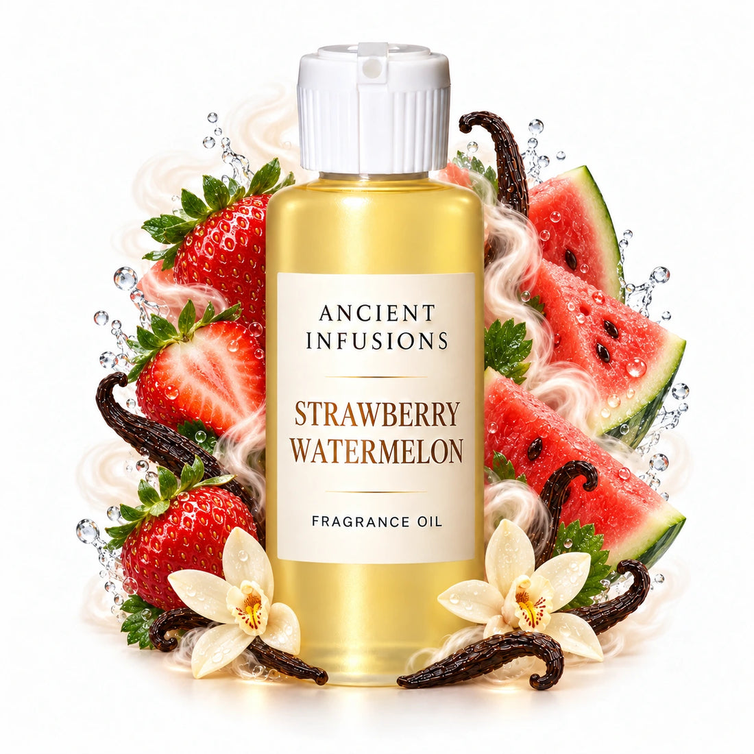 Strawberry Watermelon fragrance oil by Ancient Infusions, with pale yellow oil and a tight halo representing strawberry, watermelon, vanilla.