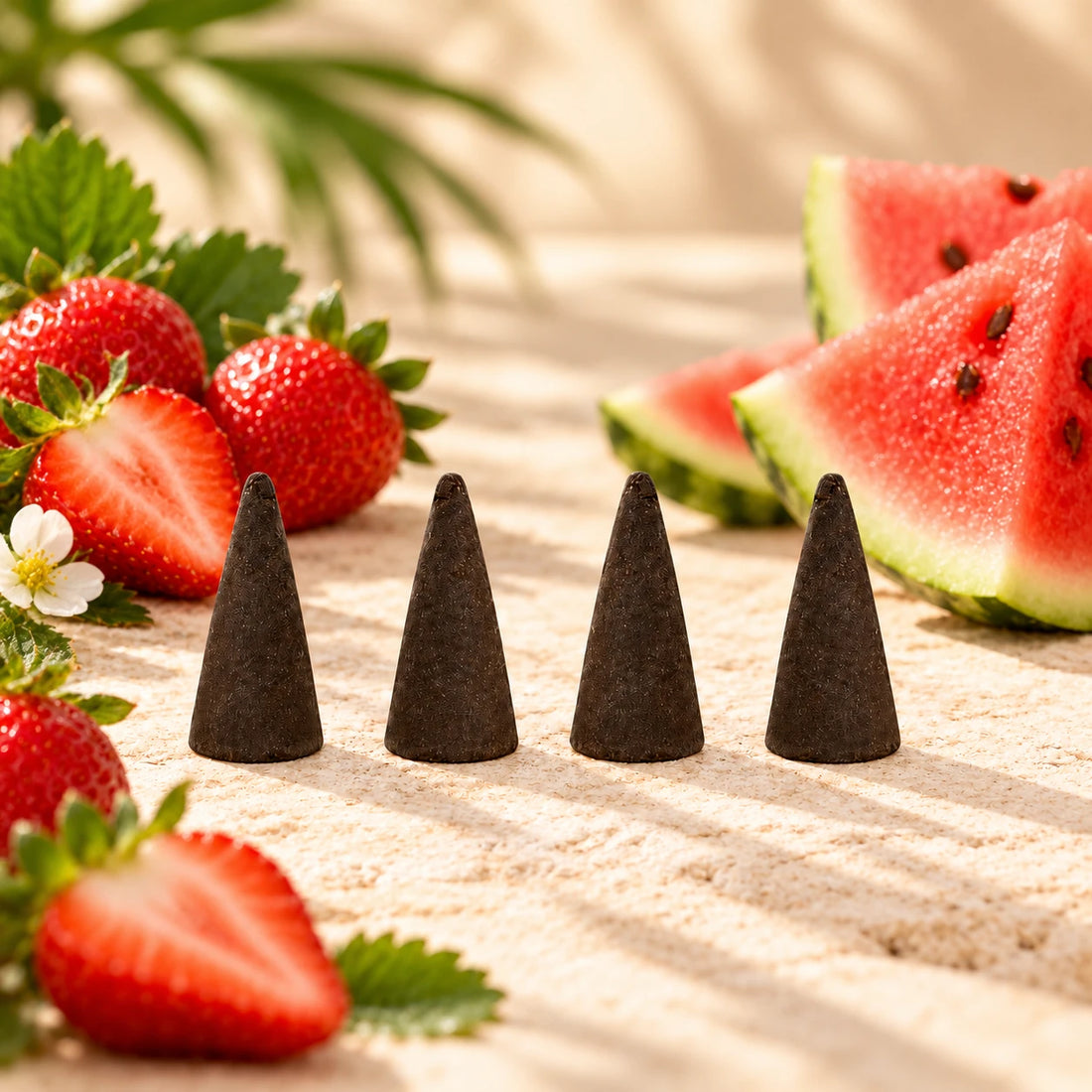 Strawberry Watermelon Incense Cones with strawberries and watermelon.