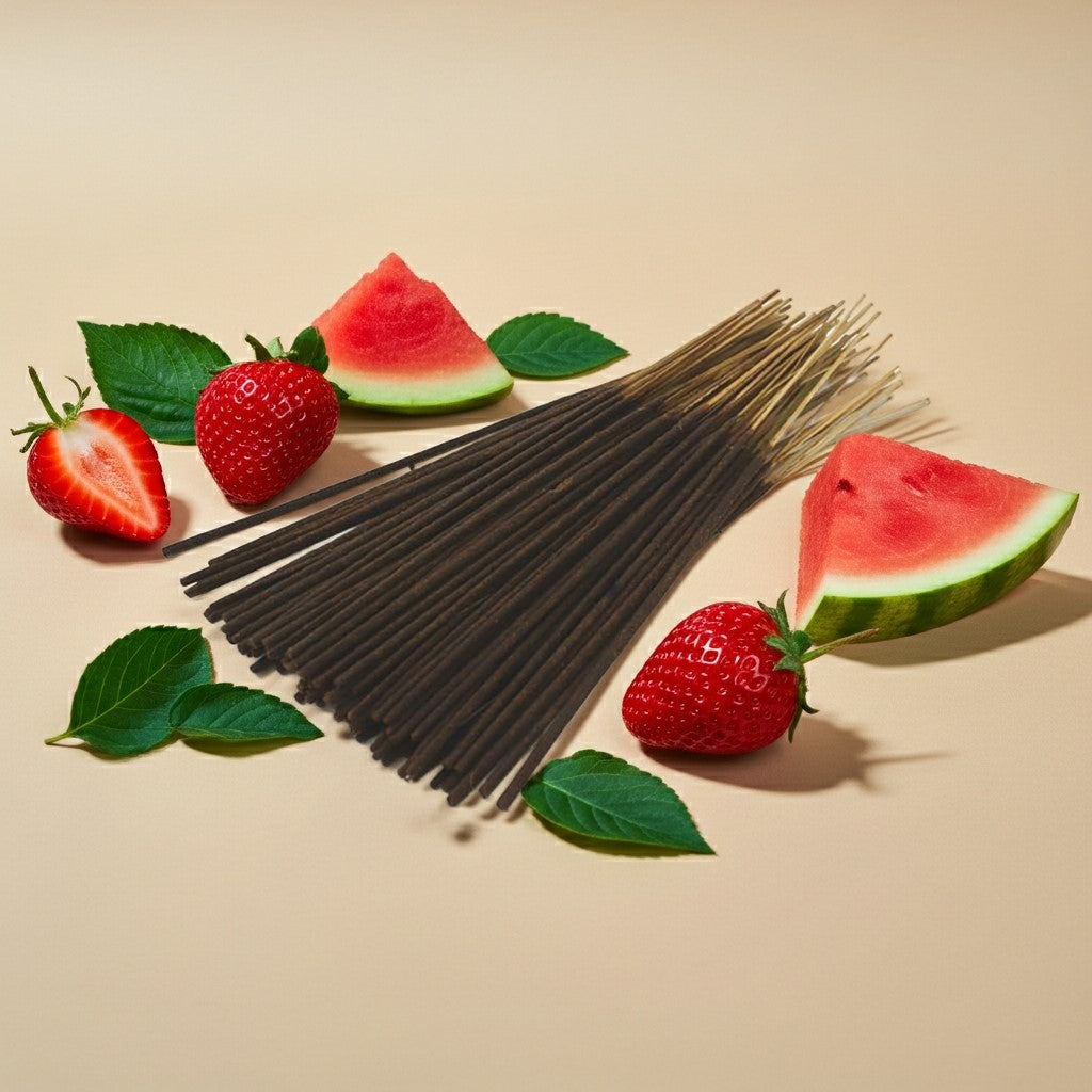 Strawberry Watermelon Incense Sticks in the center of beige background with strawberries and leaves around them