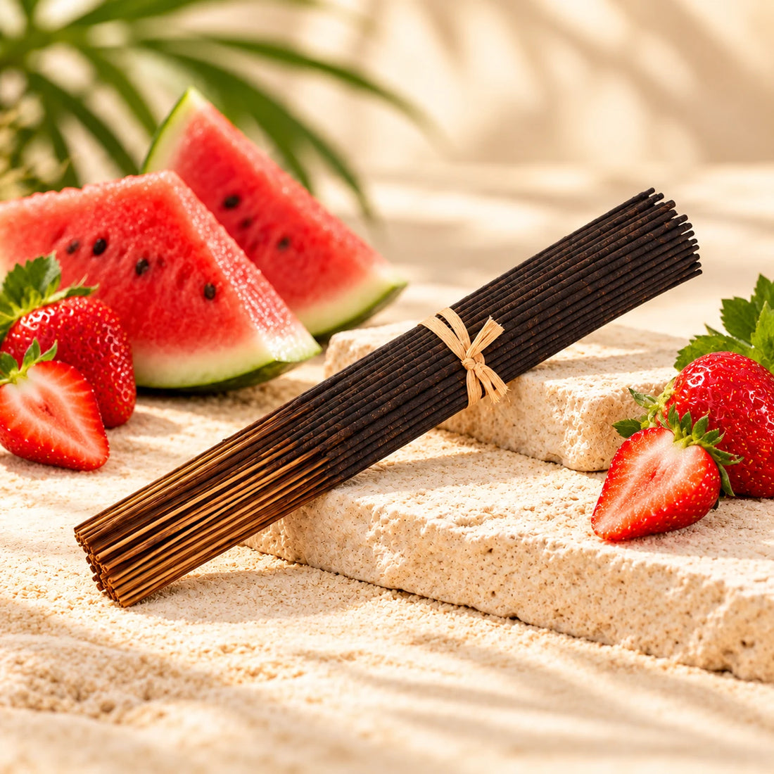Strawberry Watermelon Incense Sticks with strawberries and watermelon.