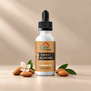 Ancient Infusions Sweet Almond Carrier Oil silver bottle with black dropper on a warm stone background.