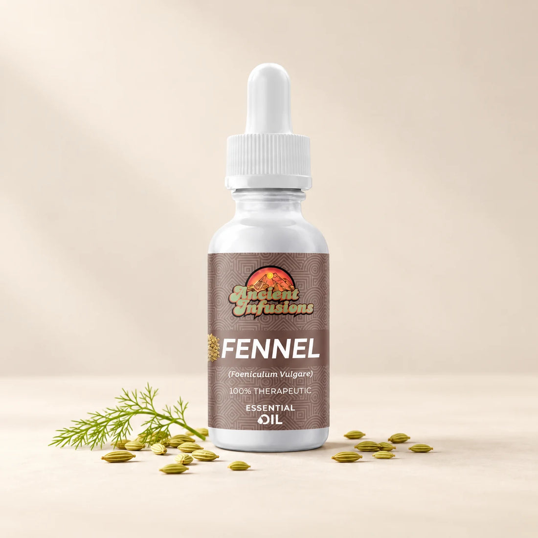 Ancient Infusions Sweet Fennel Essential Oil bottle with botanicals on a soft ivory background.