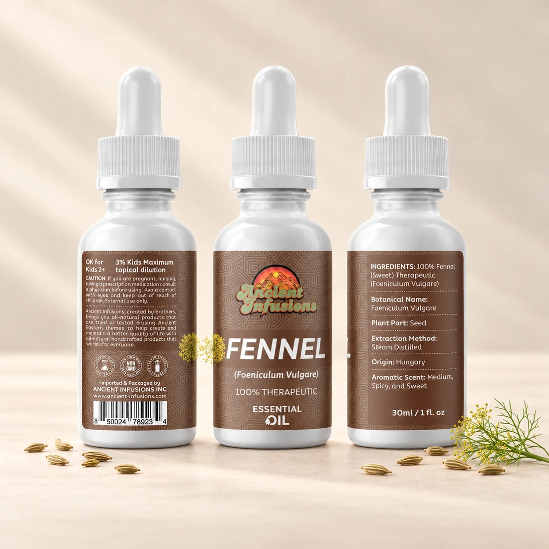 Ancient Infusions Sweet Fennel Essential Oil bottle with botanicals on a soft ivory background.
