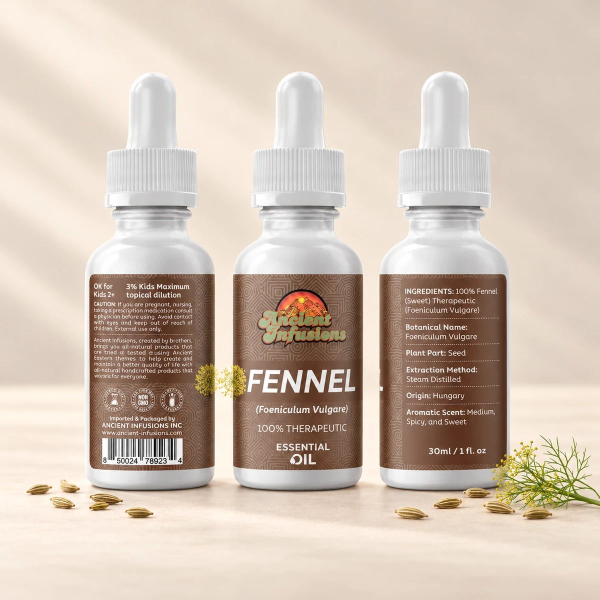 Ancient Infusions Sweet Fennel Essential Oil front and side label views on an ivory background.