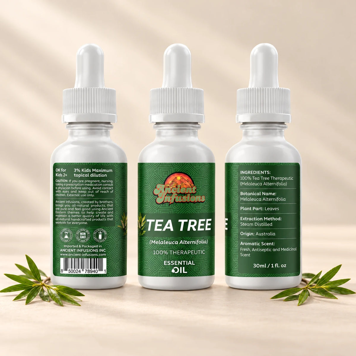 Ancient Infusions Tea Tree Essential Oil front and side label views on an ivory background.