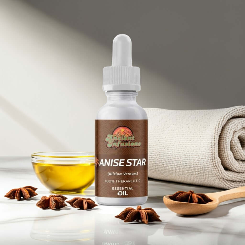 Therapeutic anise star essential oil by Ancient Infusions – 100% pure aromatherapy oil for digestion support, relaxation, and respiratory health.
