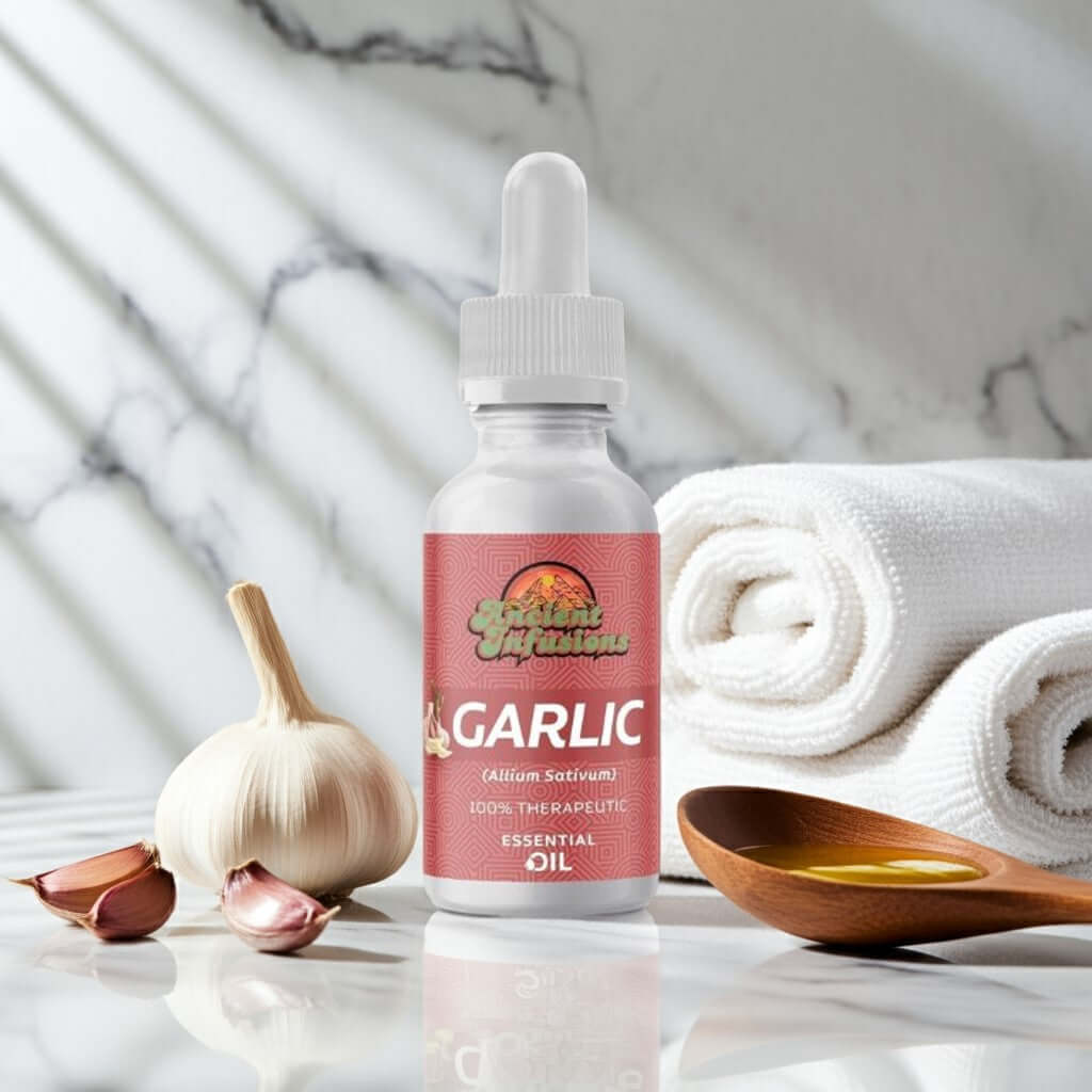 Therapeutic garlic essential oil by Ancient Infusions – 100% pure aromatherapy oil for immune support, cardiovascular health, and natural cleansing.