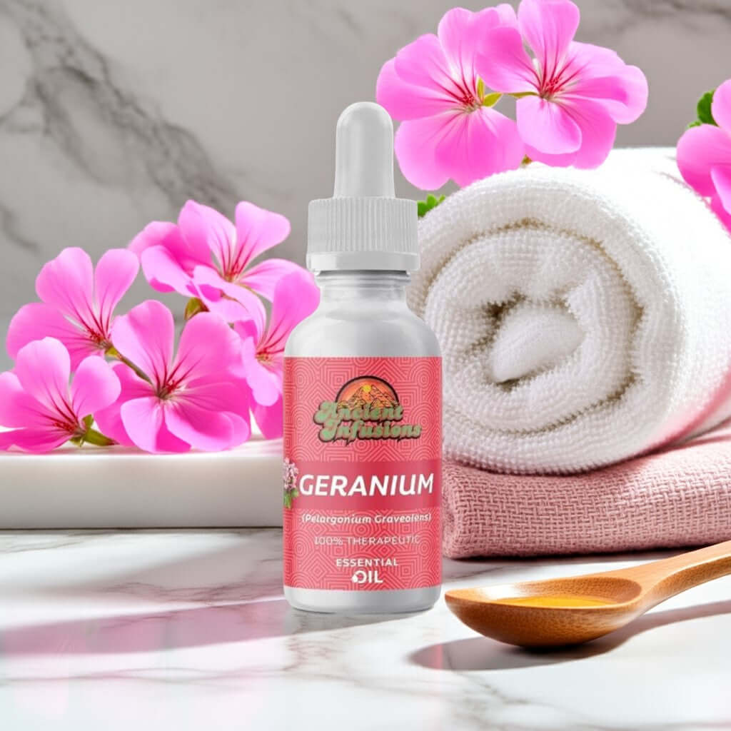 Therapeutic geranium essential oil by Ancient Infusions – 100% pure aromatherapy oil for skincare, emotional balance, and hormone support.