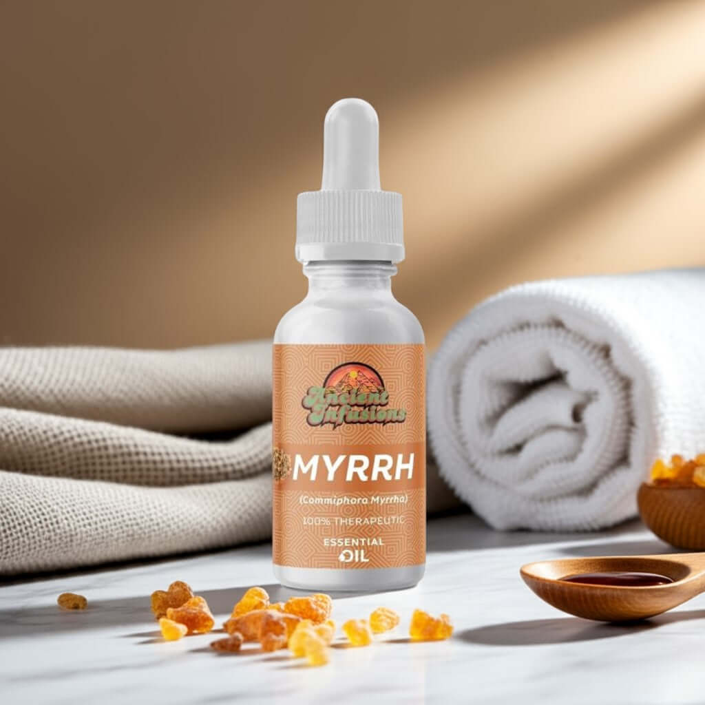 Therapeutic myrrh essential oil by Ancient Infusions – 100% pure aromatherapy oil for skin rejuvenation, relaxation, and spiritual practices.