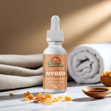 Therapeutic myrrh essential oil by Ancient Infusions – 100% pure aromatherapy oil for skin rejuvenation, relaxation, and spiritual practices.