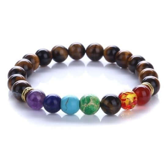 Elastic 7 Chakra Tiger’s Eye Bracelet – Grounding and Balance for Men and Women.