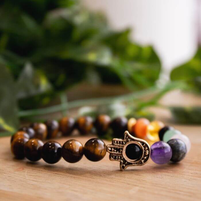Tiger’s Eye Hamsa 7 Chakra Elastic Bracelet - Healing Properties and Strength Benefits.