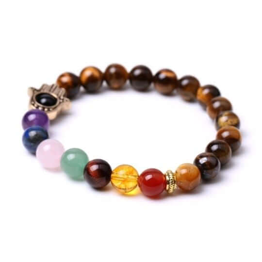 Tiger’s Eye Hamsa 7 Chakra Elastic Bracelet - Healing Properties and Strength Benefits.