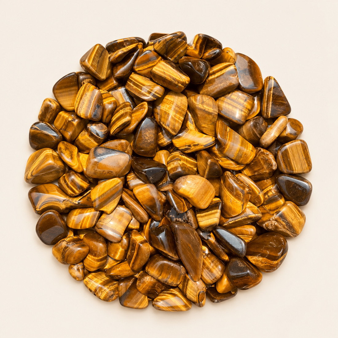 Tiger’s Eye tumbled stones with golden-brown bands and a reflective sheen on a soft ivory background