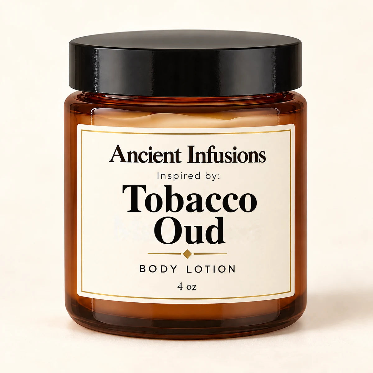 Tobacco Oud Inspired Body Lotion by Ancient Infusions — 4 oz amber glass jar