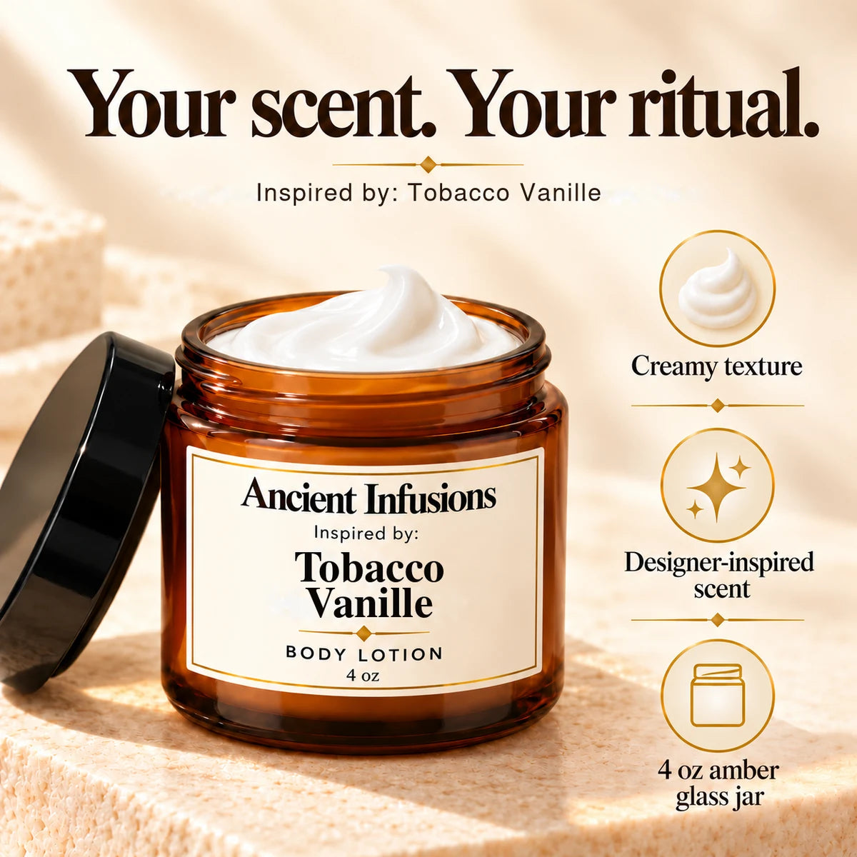 Tobacco Vanille Inspired Body Lotion by Ancient Infusions — rich creamy texture
