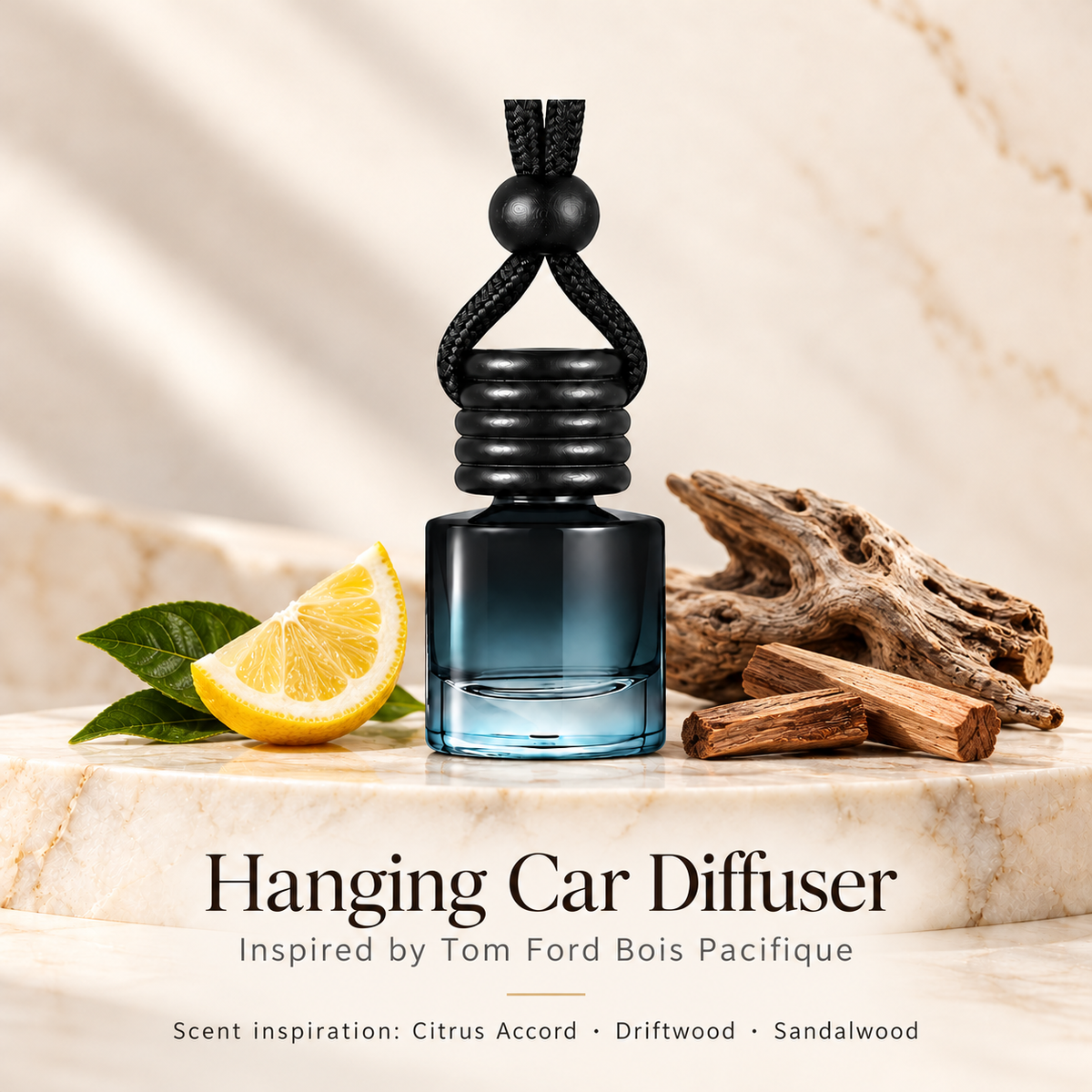 Hanging car diffuser inspired by Tom Ford Bois Pacifique, with scent illustrations on warm ivory stone