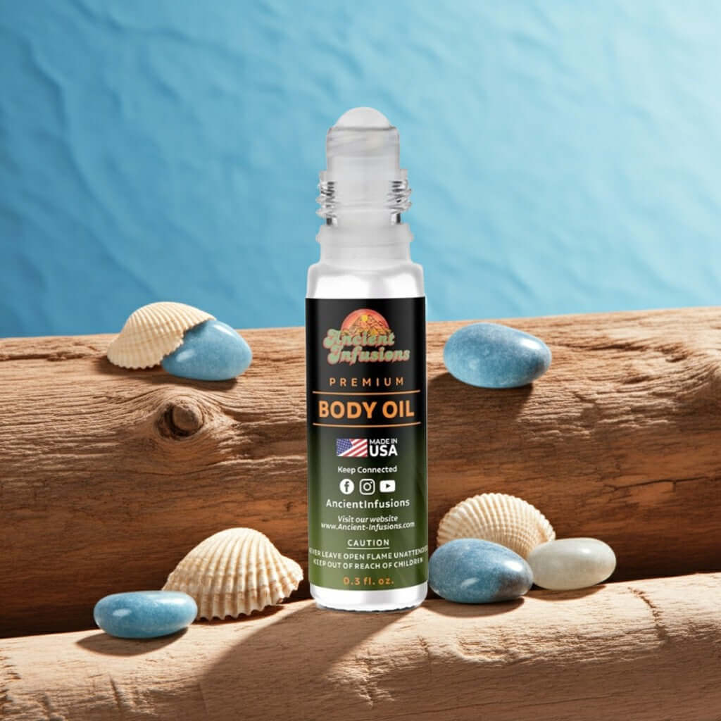 Tom Ford Bois Pacifique Inspired Body Oil with coastal elements on driftwood display.