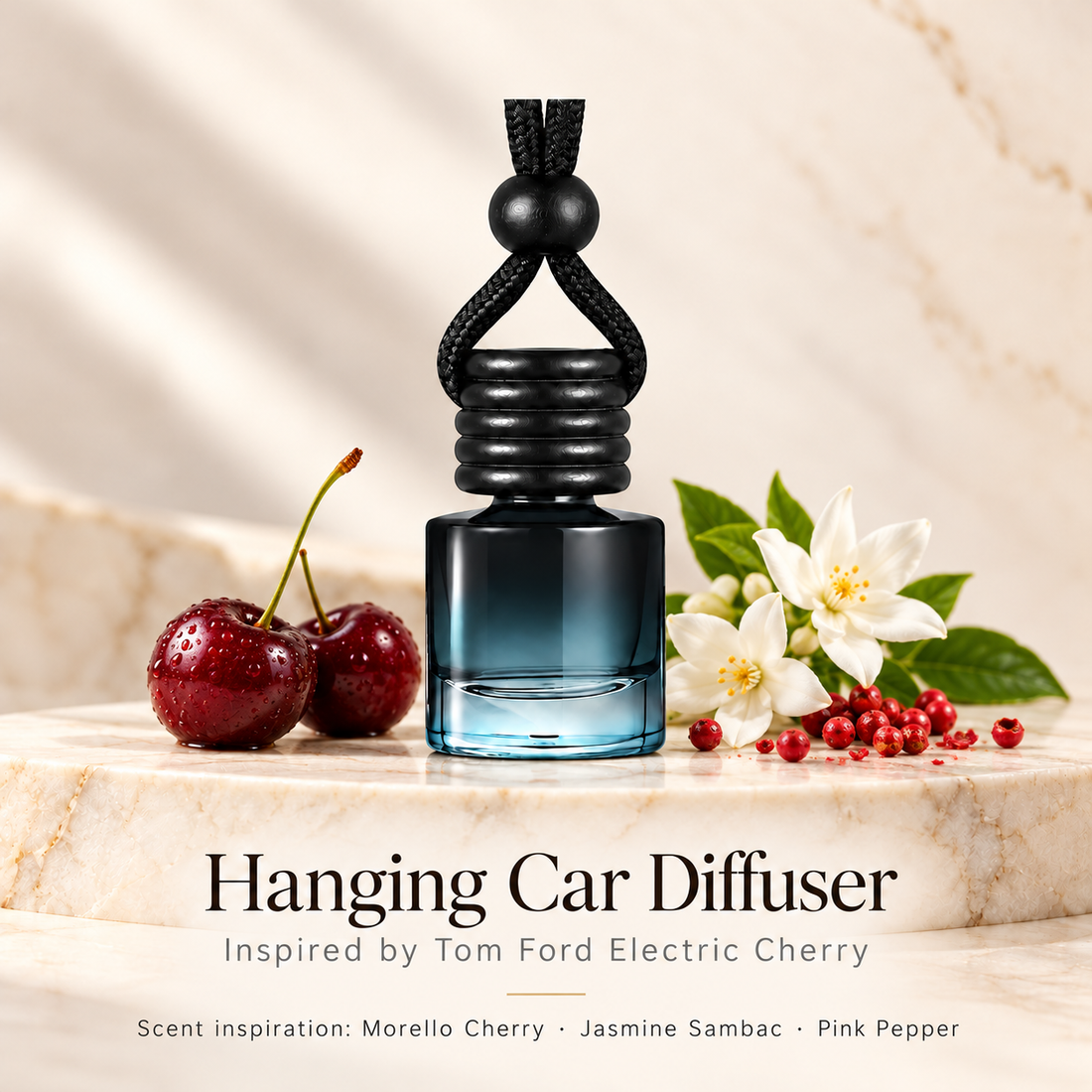 Hanging car diffuser inspired by Tom Ford Electric Cherry, with scent illustrations on warm ivory stone