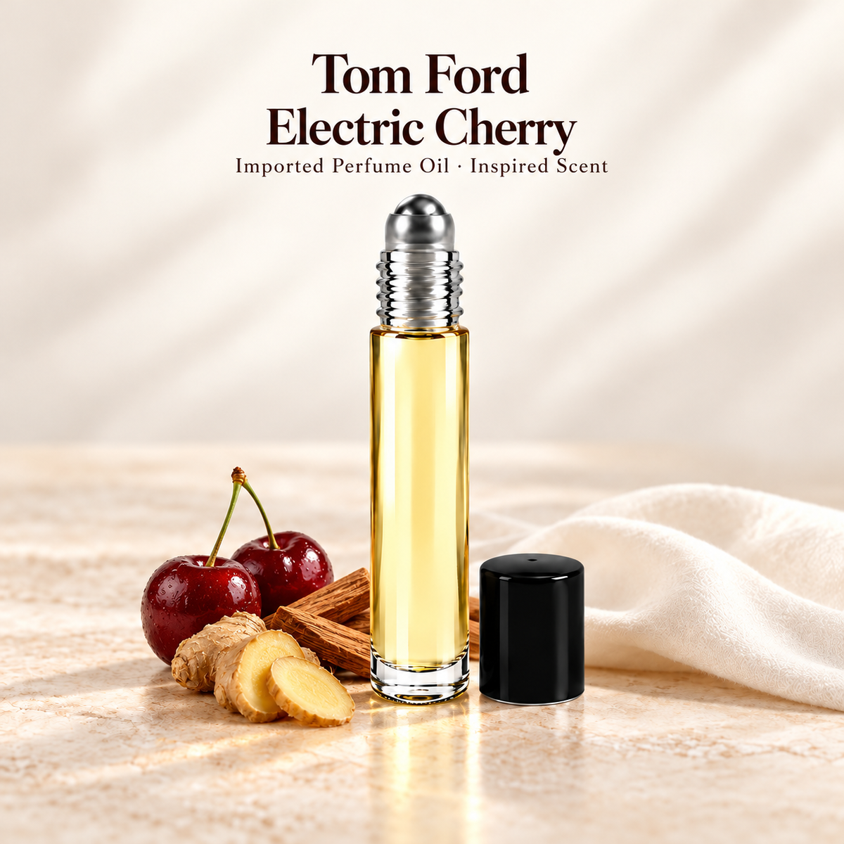 Tom Ford Electric Cherry Perfume Oil with minimal scent note accents on soft ivory