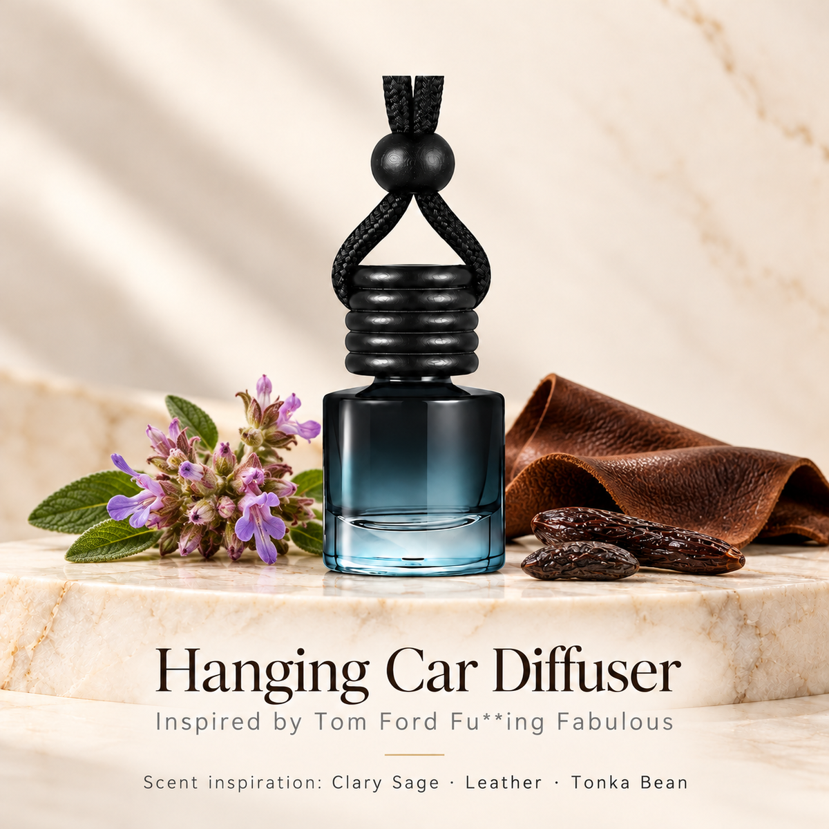 Hanging car diffuser inspired by Tom Ford Fu**ing Fabulous, with scent illustrations on warm ivory stone