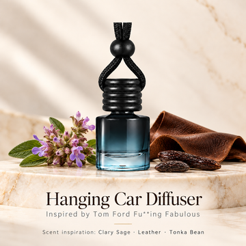 Hanging car diffuser inspired by Tom Ford Fu**ing Fabulous, with scent illustrations on warm ivory stone