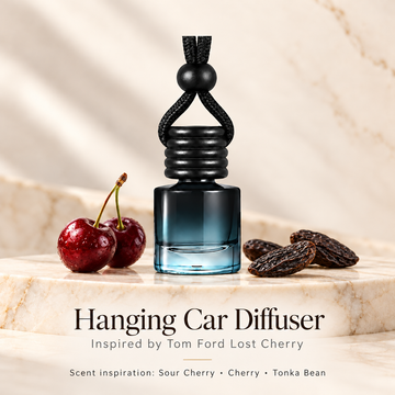Hanging car diffuser inspired by Tom Ford Lost Cherry, with scent illustrations on warm ivory stone