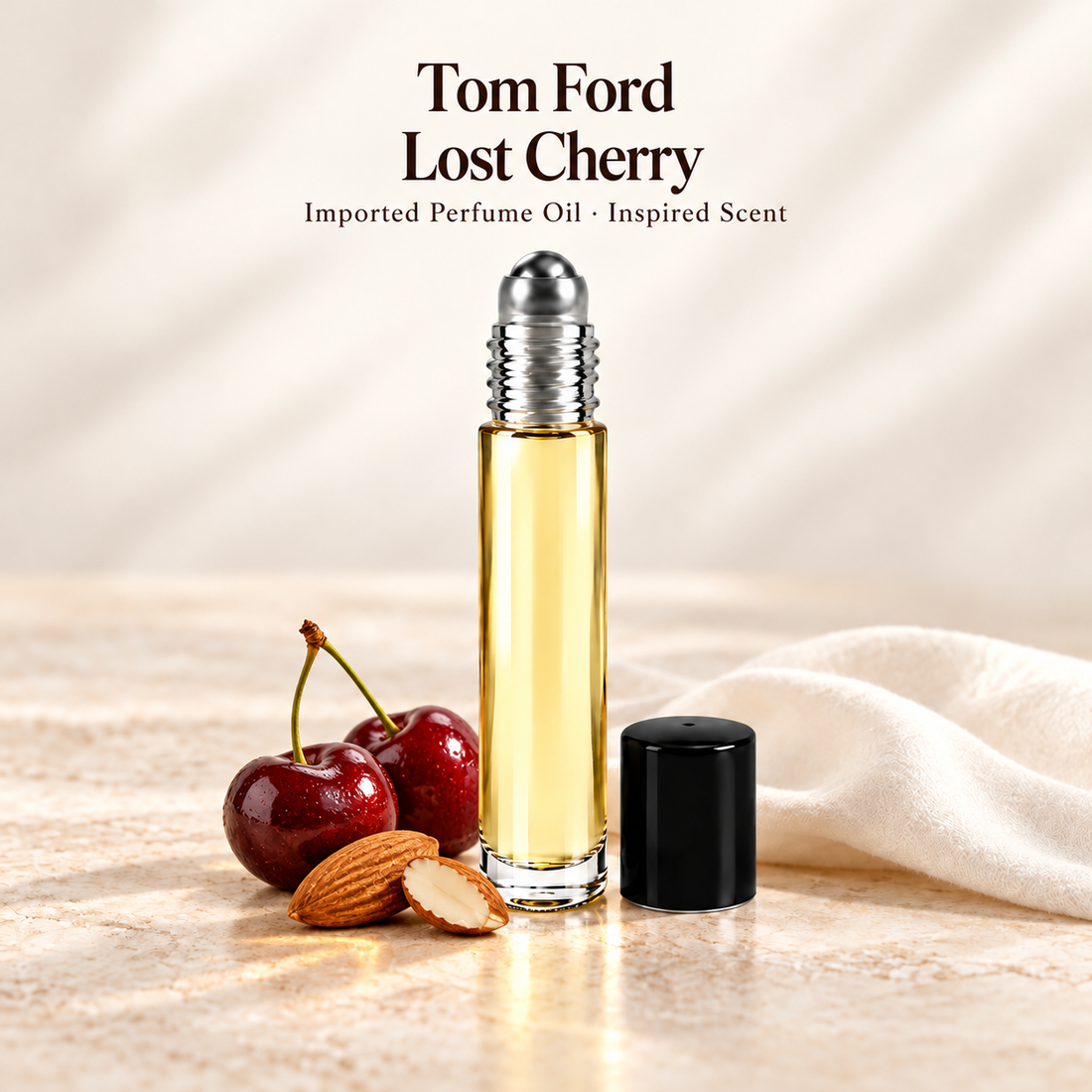 Tom Ford Lost Cherry Perfume Oil with minimal scent note accents on soft ivory